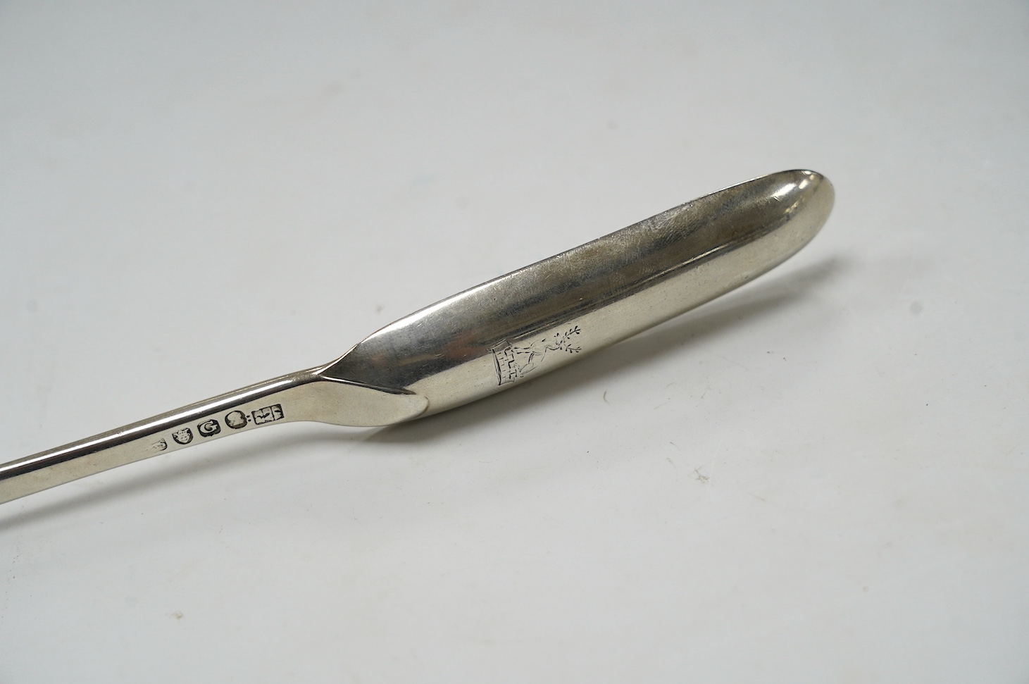 A George III silver marrow scoop, by Peter, Ann & William Bateman, 22.2cm, 51 grams. Condition - fair